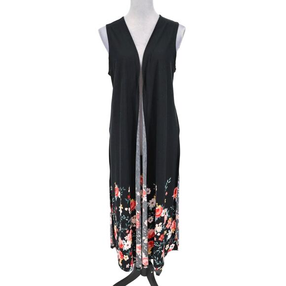 LulaRoe Vest Womens Medium Black Floral Open Front Long Stretch Knit Duster - Picture 1 of 11